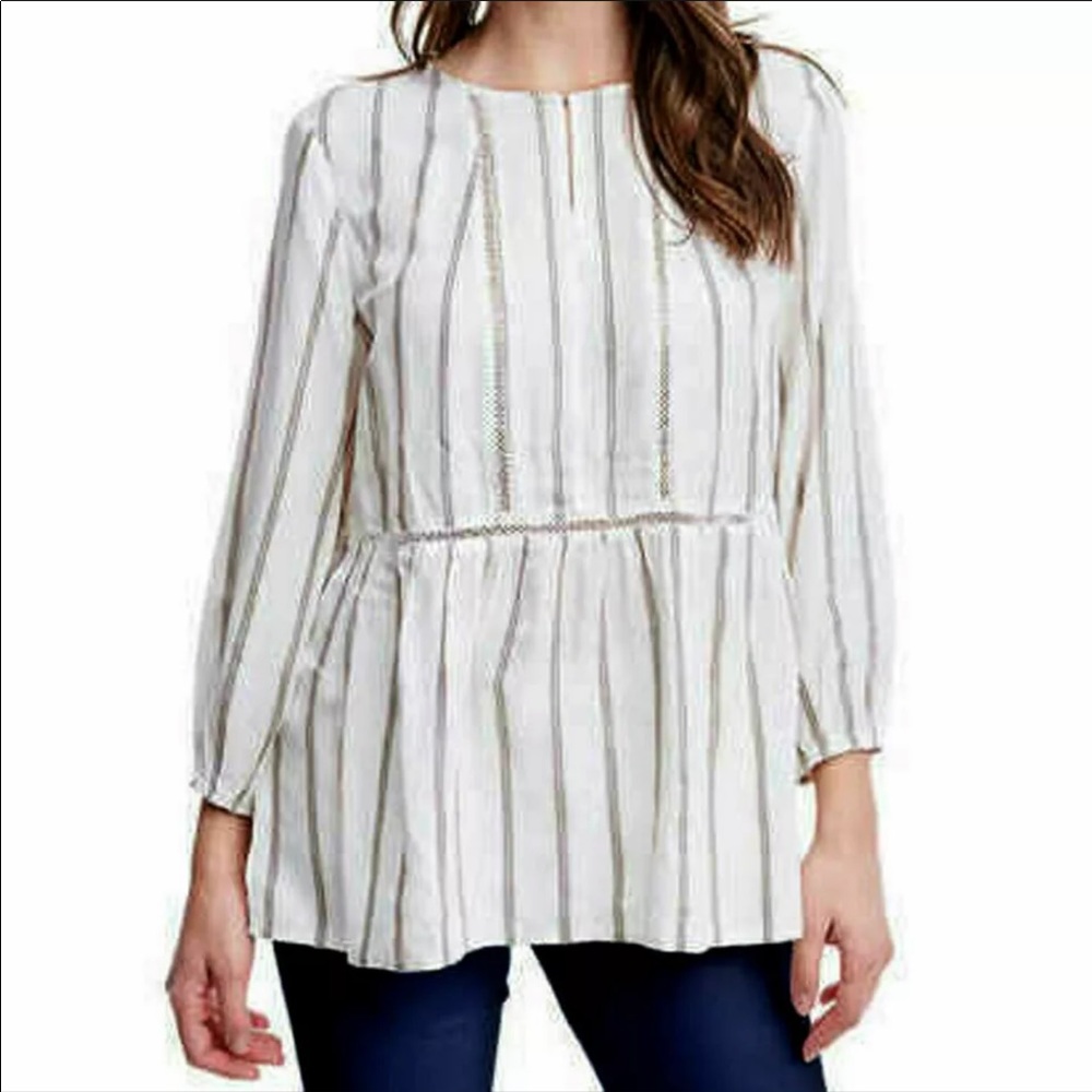 Fever Women's 3/4 Sleeve Blouse Shirt Top  Ivory Trick/Striped size Large